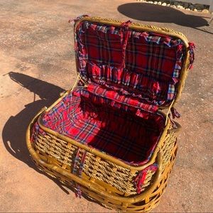 Vintage Scottish Highlander Rattan Bamboo Red Tartan Picnic Basket, Picnic Time